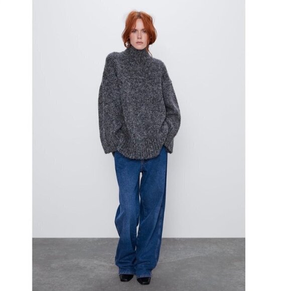 Zara Charcoal Gray Turtleneck Oversized Knit Sweater S - Picture 2 of 7